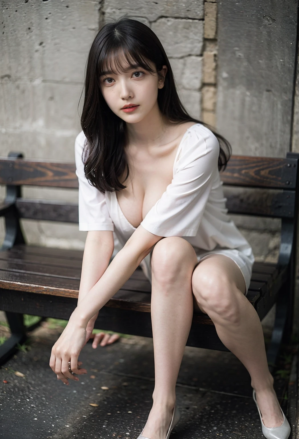 RAW photo, bokeh (realism:1.4, realistic), high detail CG unified 8K wallpaper, 1girl, (HQ skin:1.3), 8k uhd, dslr, front lighting, high quality, Fujifilm XT3, 21 years old female with long hair wearing micro bra and short skirt,((natural big breast)),(height:166cm)), (looking at viewer), ((Detailed room background))), ((full body:1.5)), ((a girl sitting on a bench and crossed legs)).