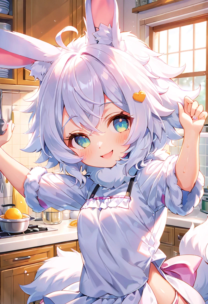 best quality, (Highly Detailed Beautiful Face and Eyes)absurdres, Perfect Anatomy((furry, angelic cute 1girl))(((furry)))(furry anthro:1.7)((rabbit Facial Features, rabbit Body Features))((rabbit ears, Highly Detailed Body Fur))chibi, summer outfit, kitchen, upper body, dancing, Flying sweat, joyful smile,