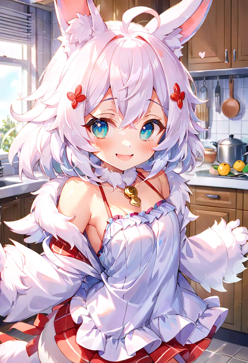 best quality, (Highly Detailed Beautiful Face and Eyes)absurdres, Perfect Anatomy((furry, angelic cute 1girl))(((furry)))(furry anthro:1.7)((rabbit Facial Features, rabbit Body Features))((rabbit ears, Highly Detailed Body Fur))chibi, summer outfit, kitchen, upper body, dancing, Flying sweat, joyful smile,