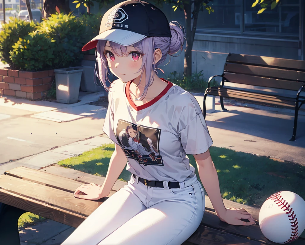 (Close-up:1.3),Realistic,Highest quality, Super detailed, High-quality CG rendering, The most delicate and beautiful, Floating softly, High resolution, (1 girl), (Highest quality,4K,8K,masterpiece:1.2), Light purple hair,(Hair in a bun:1.5),Red eyes,(Pure white oversized short sleeve T-shirt:1.3),(Black skinny jeans:1.3),(Pure white baseball cap:1.3),In the city,old buildings,(Sitting on a bench:1.4)