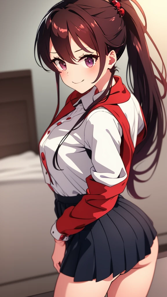 high tail hairstyle, Ponytail hairstyle, Long wavy black hair, standing posing, anime girl style, pixel art anime style,penetrating look with deep eyes,red and purple eyes, hair with a ponytail hairstyle trapped with a big red bun, Women, red hair clips, x color shaped hair clips , short white shirt, smooth receptionist miniskirt, skirt attached to the body marking her ass, smooth miss, smiling face blush, standing in his bedroom, next to his bed, receptionist clothes, lifting her skirt, grabbing her skirt with her hands to lift it up, letting her look at her underwear.