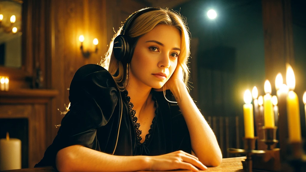 Beautiful blonde with big breasts in a black dress (Western-style mansion at midnight、surrounded by candles),Wearing headphones,Very detailed, 21 years old, Innocent face, Naturally Wavy Hair, blue eyes, High resolution, masterpiece, Highest quality, Intricate details, Very detailed, Clear focus, Delicate skin, practical skin texture, texture, Delicate eyes, Professional, 4K, Sad face,despair、 Shot with Canon, 85mm, Shallow and deep,  Kodak Vision Color, Exactly, Very detailed, photograph_\(Extremist\), photographpractical, practical, Post-processing, Maximum details, Roughness, Real Life, Extremist practical, Photorealism, photographgraphy, 8K Ultra HD, photographgraphy
