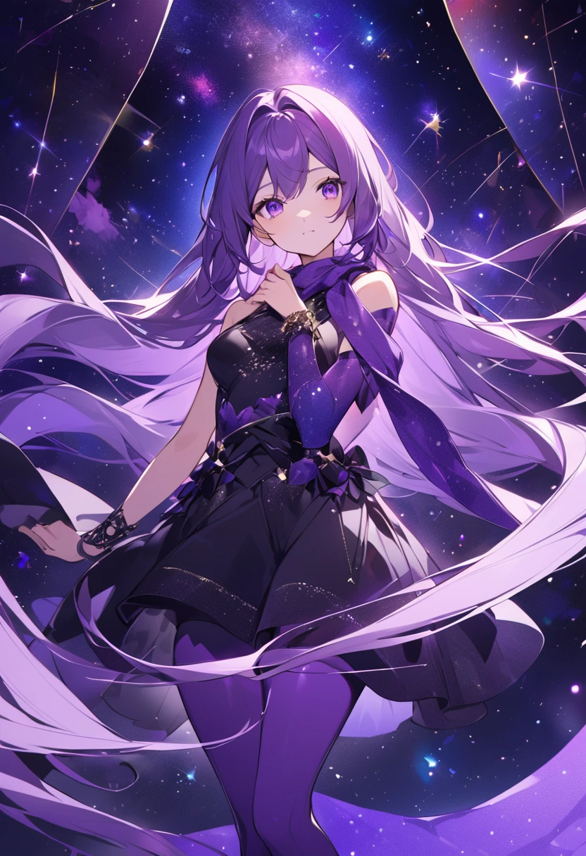 Extra long purple hair,Purple Eyed Woman,She has a great figure in a black and purple tights,A purple scarf on the wrist,The background is purple, the universe and the starry sky