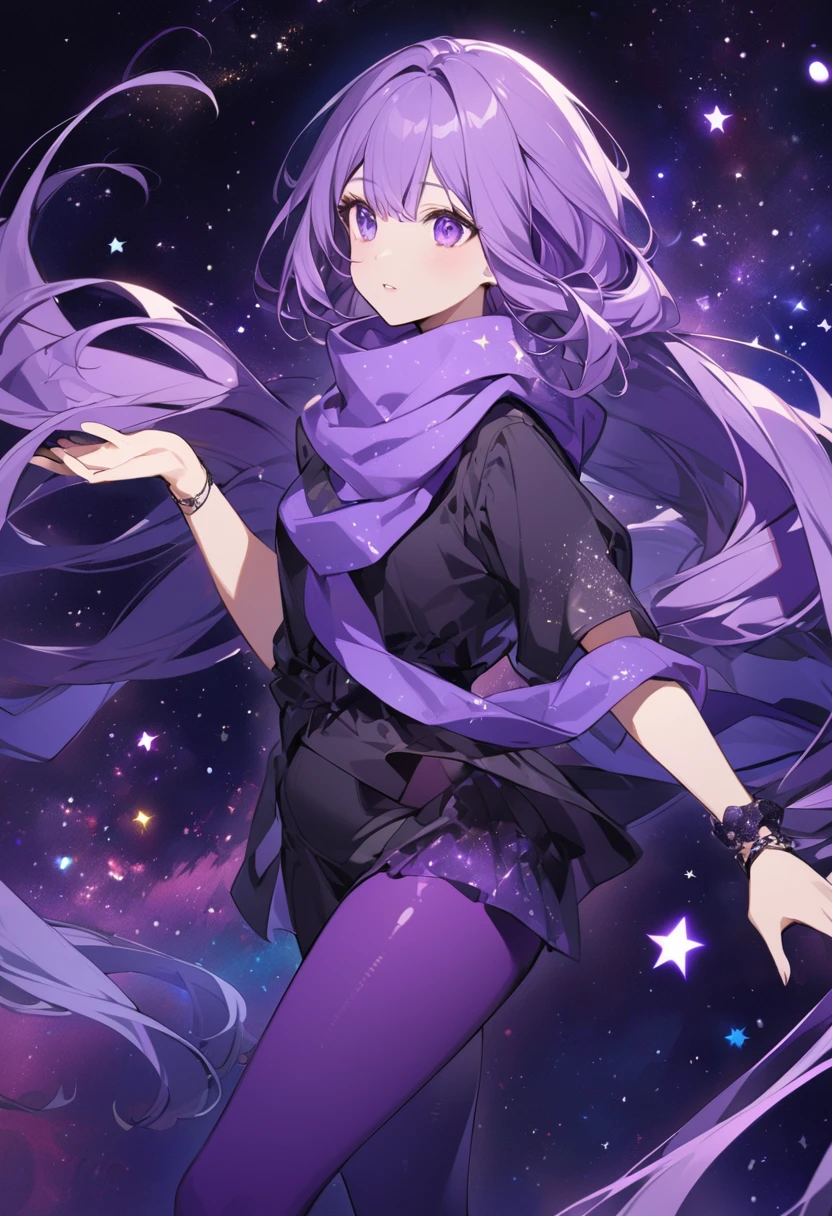 Extra long purple hair，Purple Eyed Woman，She has a great figure in a black and purple tights，A purple scarf on the wrist，The background is purple, the universe and the starry sky