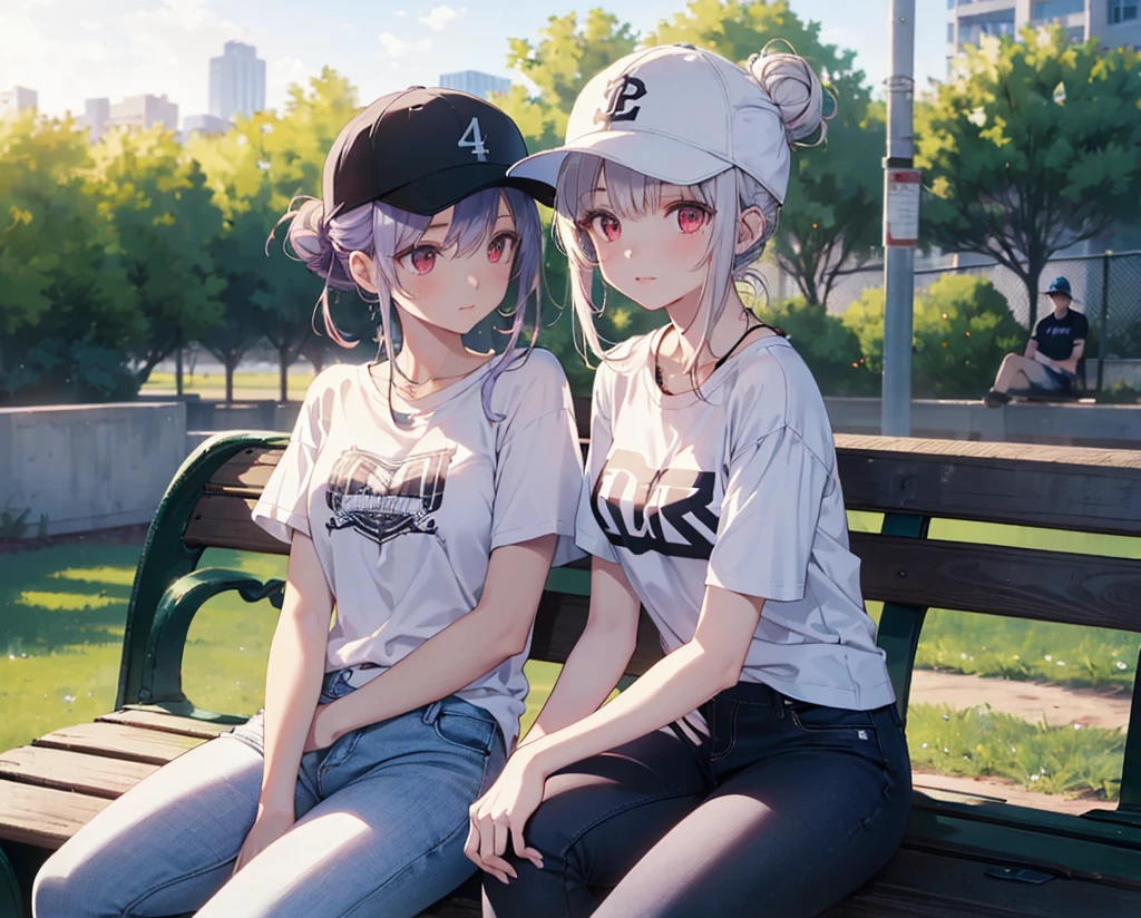 (Close-up:1.3),Realistic,Highest quality, Super detailed, High-quality CG rendering, The most delicate and beautiful, Floating softly, High resolution, (1 girl), (Highest quality,4K,8K,masterpiece:1.2), Light purple hair,(Hair in a bun:1.5),Red eyes,(Pure white oversized short sleeve T-shirt:1.3),(Black skinny jeans:1.3),(Pure white baseball cap:1.3),In the city,old buildings,(Sitting on a bench:1.4)