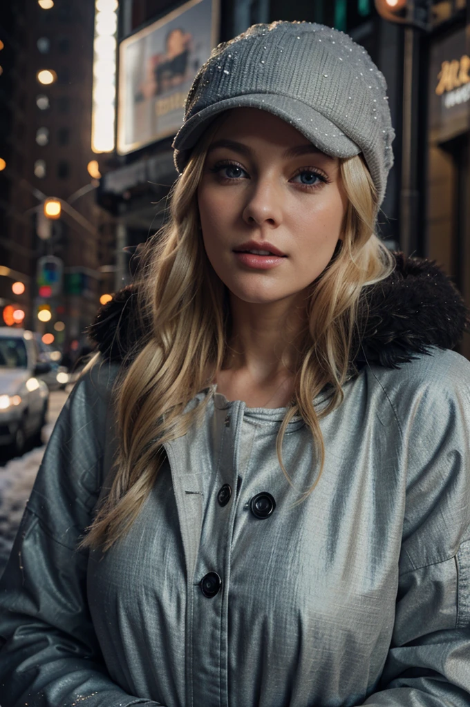 a beautiful blonde woman, detailed eyes, beautiful detailed lips, perfect body proportion, extremely detailed face, long eyelashes, 1girl, with a relaxed and calming air, with steam coming out of her mouth, wearing a cap, a black puffy jacket, photorealistic, cold winter in New york city, cinematic lighting, snow, cozy, warm colors, intricate details, hyper realistic, 8k, masterpiece