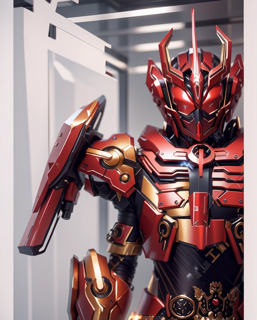 Mainly Chinese armor,The overall color is a mixture of gold and red,There are many gorgeous carvings all over the body,Let them coexist,This can also be done around the eyes. The entire surface should be red and gold,There are no other colors.,Does not contain any other colors,There should be a lot of crystal effects like crystal。The color changes to red and gold,Some red and gold(Ensure its layering and armor texture,Red as main color,Add some gold for decoration)