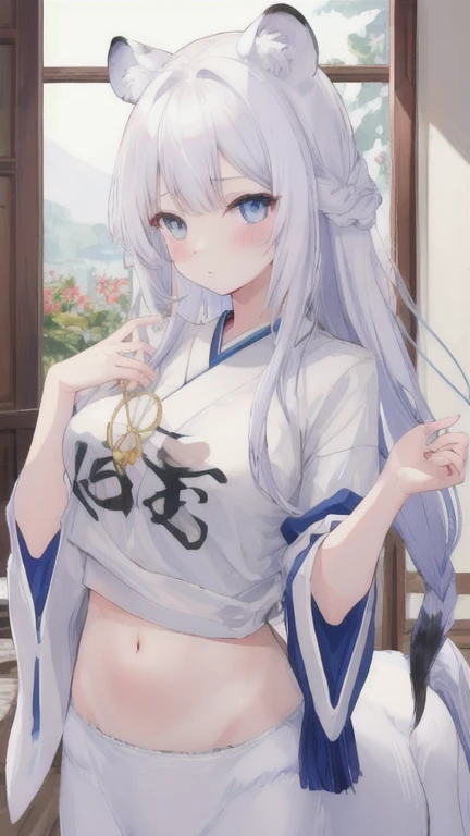 (best quality, masterpiece), 1 girl, centaur, It takes, White skin, Japanese female idol , exposing the abdomen,belly button t-shirt, 아름다운 소녀 perfect white tiger photo, perfect white tiger photo