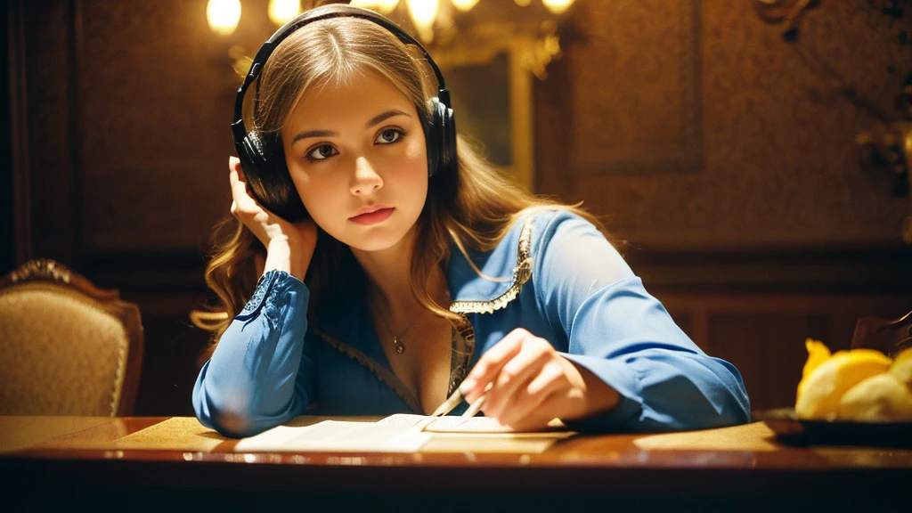 Black Elegant、Beautiful blonde with big breasts in a blouse (Western-style mansion at midnight、dining room),Wearing headphones,Very detailed, 21 years old, Innocent face, Naturally Wavy Hair, blue eyes, High resolution, masterpiece, Highest quality, Intricate details, Very detailed, Clear focus, Delicate skin, practical skin texture, texture, Delicate eyes, Professional, 4K, Sad face,despair、 Shot with Canon, 85mm, Shallow and deep, Kodak Vision Color, Exactly, Very detailed, photograph_\(Extremist\), photographpractical, practical, Post-processing, Maximum details, Roughness, Real Life, Extremist practical, Photorealism, photographgraphy, 8K Ultra HD, photographgraphy
