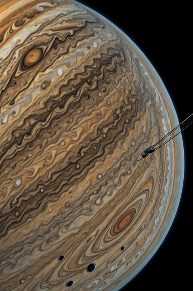 Make me a drawing of the Voyager probe passing near Jupiter with the large red spot visible