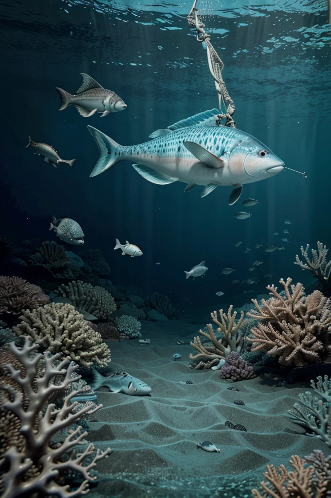 Here's a 3D animated underwater scene depicting various fish experiencing the threat of illegal fishing activities. The scene shows fishing nets, hooks, and a tense atmosphere, emphasizing the fear and concern of the marine life as they try to escape the fishing gear. The vibrant coral reef in the background adds to the visual engagement while highlighting the impact of illegal fishing on the ecosystem.
