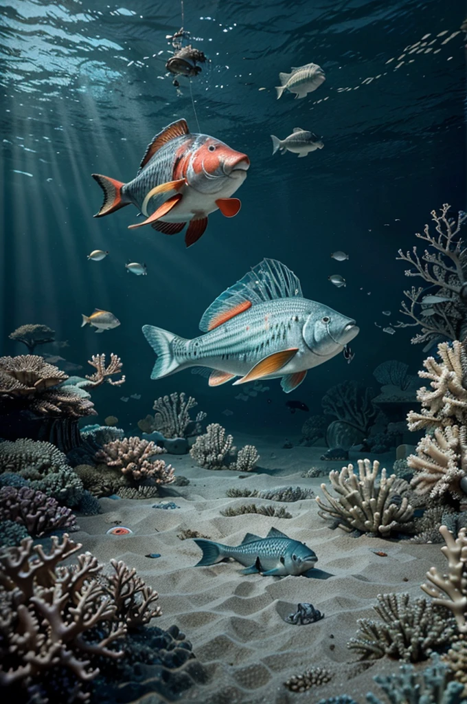 Here's a 3D animated underwater scene depicting various fish experiencing the threat of illegal fishing activities. The scene shows fishing nets, hooks, and a tense atmosphere, emphasizing the fear and concern of the marine life as they try to escape the fishing gear. The vibrant coral reef in the background adds to the visual engagement while highlighting the impact of illegal fishing on the ecosystem.