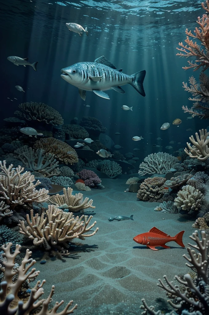 Here's a 3D animated underwater scene depicting various fish experiencing the threat of illegal fishing activities. The scene shows fishing nets, hooks, and a tense atmosphere, emphasizing the fear and concern of the marine life as they try to escape the fishing gear. The vibrant coral reef in the background adds to the visual engagement while highlighting the impact of illegal fishing on the ecosystem.