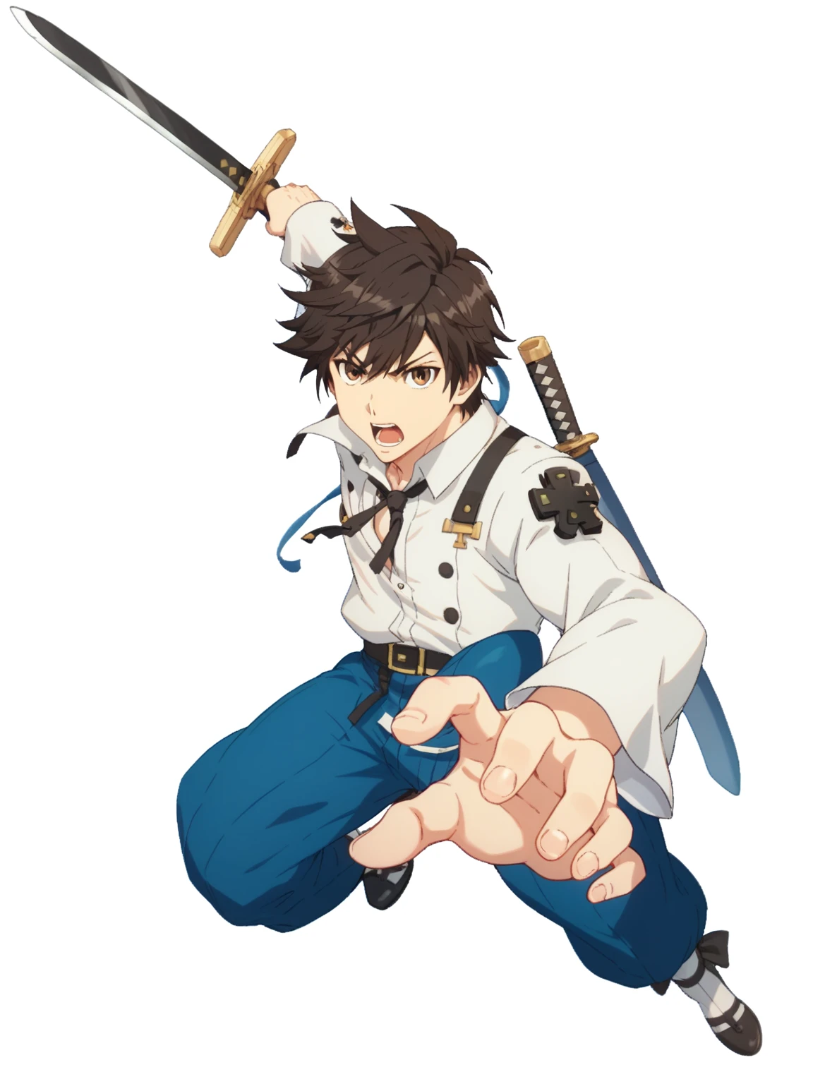 a cartoon image of a man with a sword and a sword, makoto, shinkai makoto, inspired by Sakai Hōitsu, fighting pose, guilty gear art style, inspired by Tsubasa Nakai, jrpg character, fight pose, inspired by Iwao Takamoto, inspired by Tetsugoro Yorozu