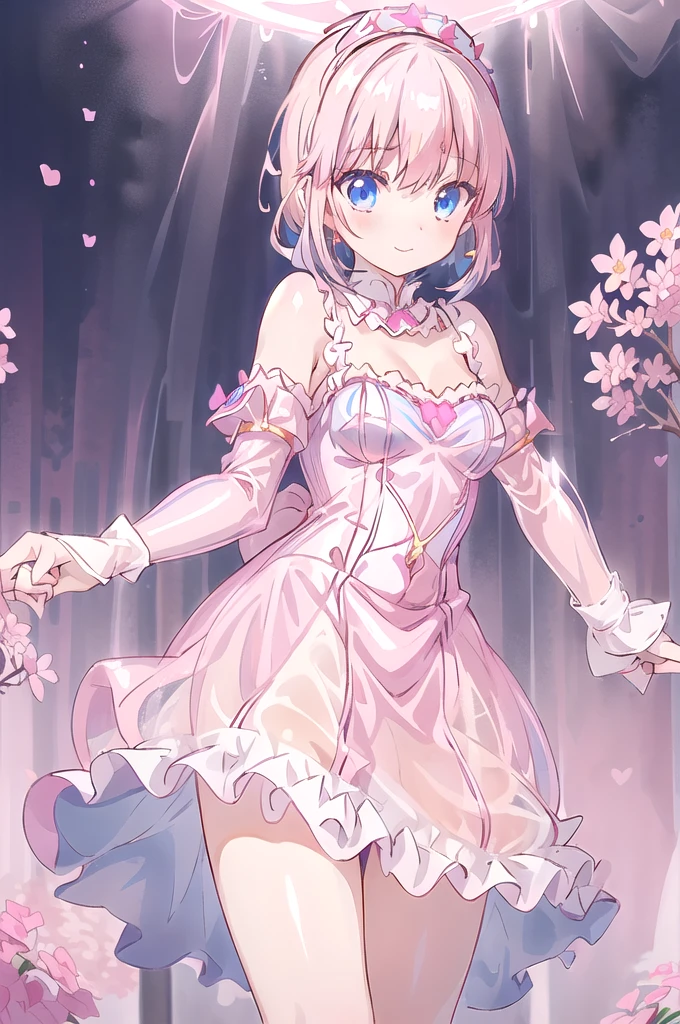 1girl,solo,(standard height),(cowboy shot:1.2),standing,(pink hair:1.6),(short hair:1.2),(tiara:1.2),(blue eyes:1.2),(beautiful fingers:1.6),(perfect ???????:1.4),(arms_behind_back:1.6),(cold_shoulder:1.2),BREAK,(pink nurse uniform:1.6),(lace glossy silk lamé:1.6),(latex luster shiny glossy:1.6),(shiny_clothes:1.6),medium breasts,beautiful breasts,(masterpiece:1.4),(best quality:1.4),(Ultra high definition eyes:1.2),8k,(Beautiful detailed eyes:1.2),(Fine and beautiful eyes:1.2),(pretty eyes:1.2),finely detail,extremely CG, absurdres,high resolution,illustration,Detailed and beautiful outlines,finely detail,high resolution,(colorful refraction:1.4,Increase saturation:1.2),beautiful lighting,dynamic lighting,closed room,black background,simple background, smile,looking at viewer,animemia,pink glove,(white Clear PVC sheets sleeves:1.6),(sheer sleeves:1.6),(see-through sleeves:1.6),(wide sleeves:1.4),(pink thigh boost:1.4)