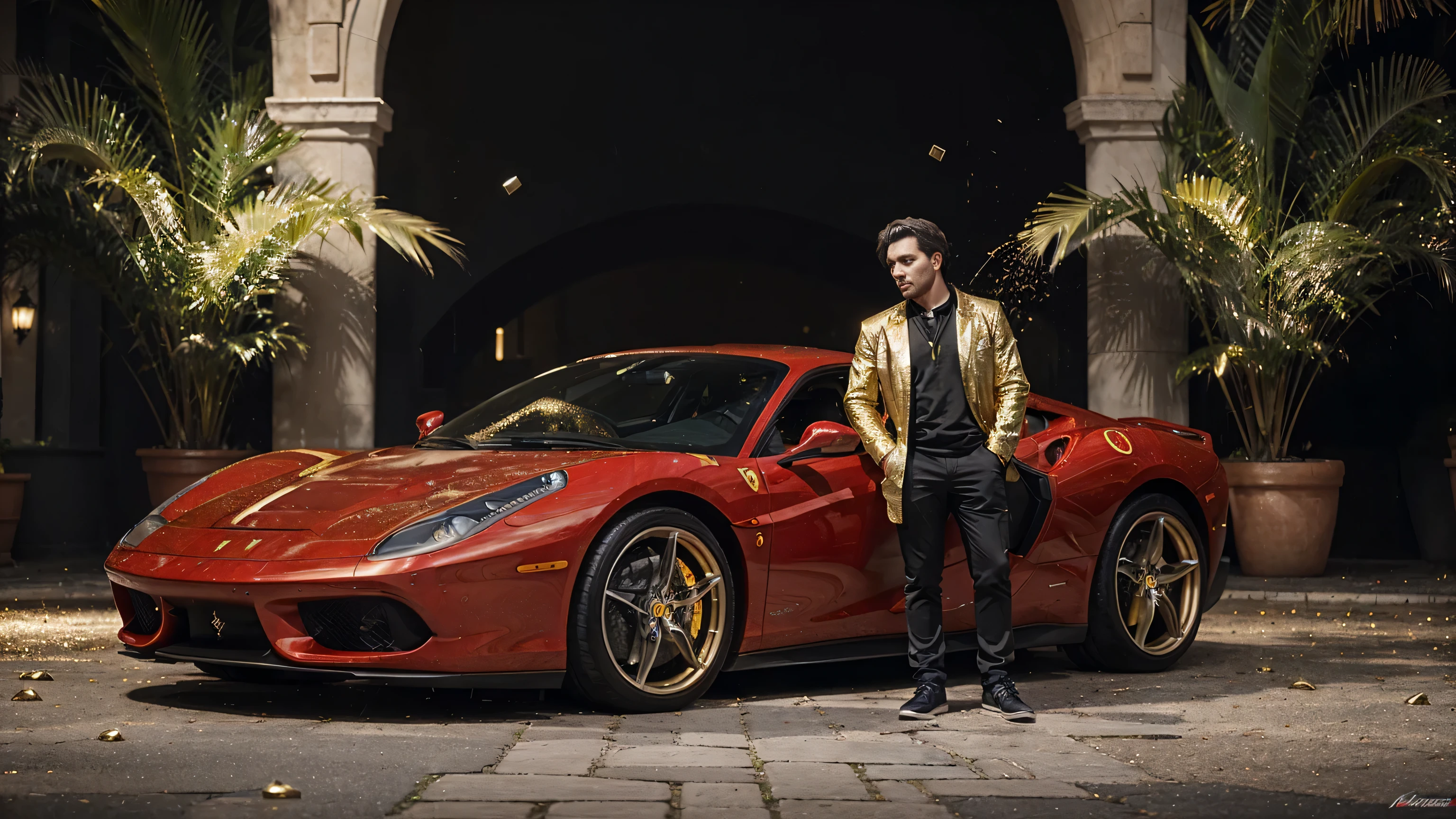 man next to a ferrari, full of gold coins falling from the sky, ultra detailed image, realism, 8k, hyper detailed skin, intense and vivid colors."man next to a ferrari"