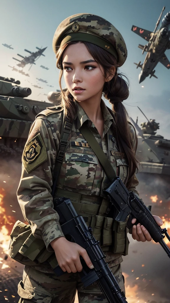 “Wallpaper featuring a glamorous woman in camouflage uniform and beret, with long brown hair tied back. Her face is dirty, and she is holding a machine gun with both hands, running through a battlefield. The background includes a tank, with fighter jets flying in the sky. The image should be highly detailed and cinematic.”
