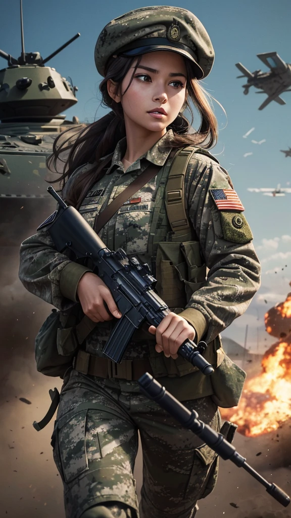 “Wallpaper featuring a glamorous woman in camouflage uniform and beret, with long brown hair tied back. Her face is dirty, and she is holding a machine gun with both hands, running through a battlefield. The background includes a tank, with fighter jets flying in the sky. The image should be highly detailed and cinematic.”