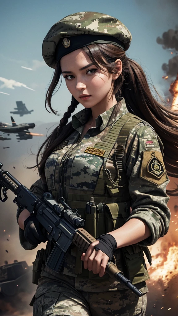 “Wallpaper featuring a glamorous woman in camouflage uniform and beret, with long brown hair tied back. Her face is dirty, and she is holding a machine gun with both hands, running through a battlefield. The background includes a tank, with fighter jets flying in the sky. The image should be highly detailed and cinematic.”
