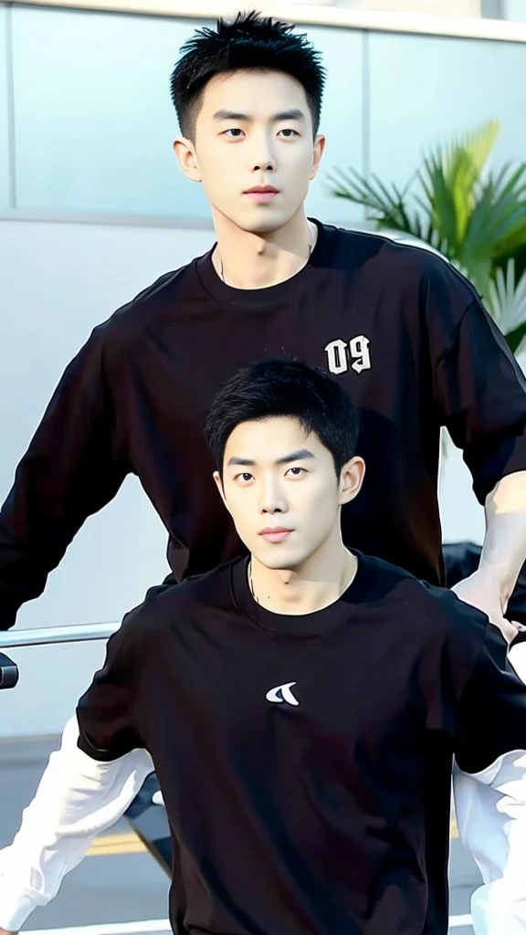 Korean man, Inspiration from Peng Yuyan, 30 years old, 236 years old, Cute Korean Face, 35 yo, 33 year old Korean muscular man,Gym in the background, black t-shirt