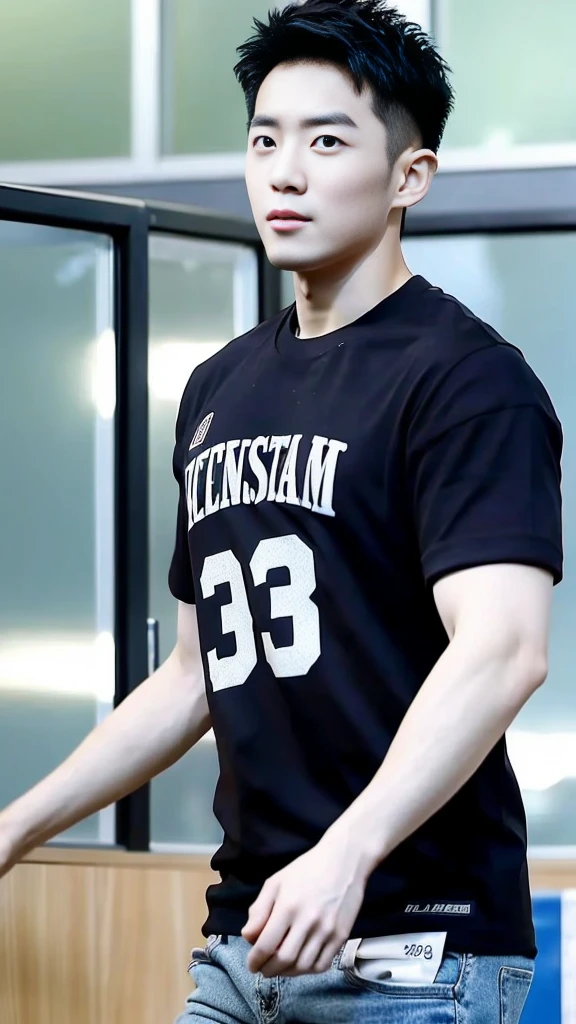 Korean man, Inspiration from Peng Yuyan, 30 years old, 236 years old, Cute Korean Face, 35 yo, 33 year old Korean muscular man,Gym in the background, black t-shirt