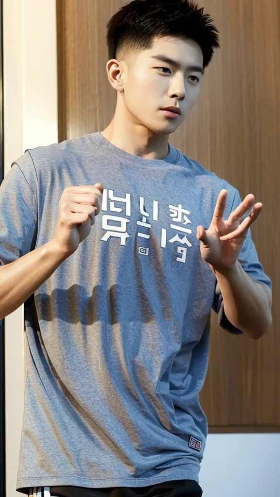 Korean man, Inspiration from Peng Yuyan, 30 years old, 236 years old, Cute Korean Face, 35 yo, 33 year old Korean muscular man，Gym in the background, black t-shirt