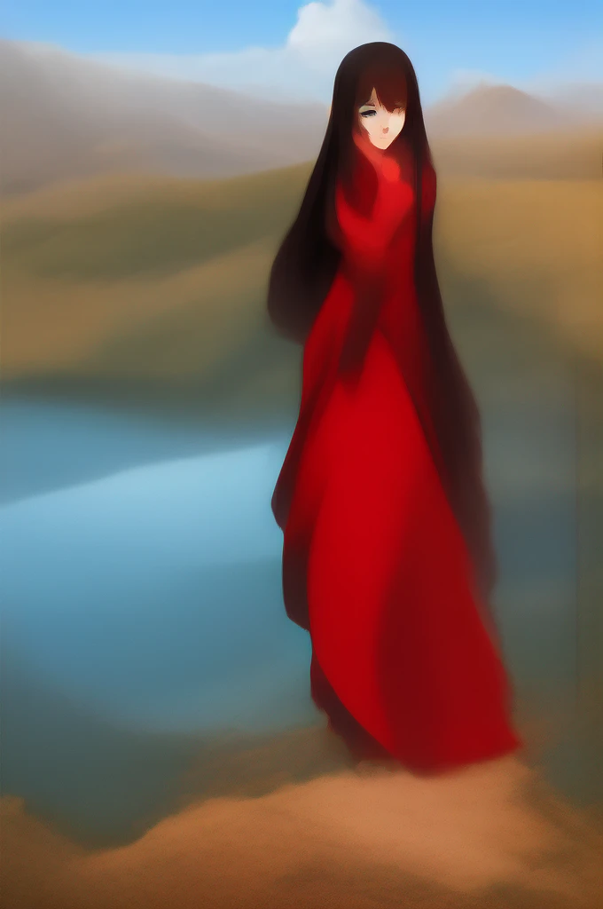 1girl, red dress, shory black hair, blue eyes, looking at viewer, sunlight, plains, mountain in background, looking at viewer, best quality,