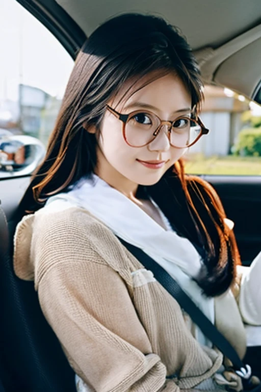 Beautiful Japanese woman driving a car、Black Hair、Beautifully straight long hair、Black-rimmed glasses、Angle from the passenger seat、Take the wheel、Concentrating on driving、Completely ?????、Seat belt、The car is running、Facing the direction of travel