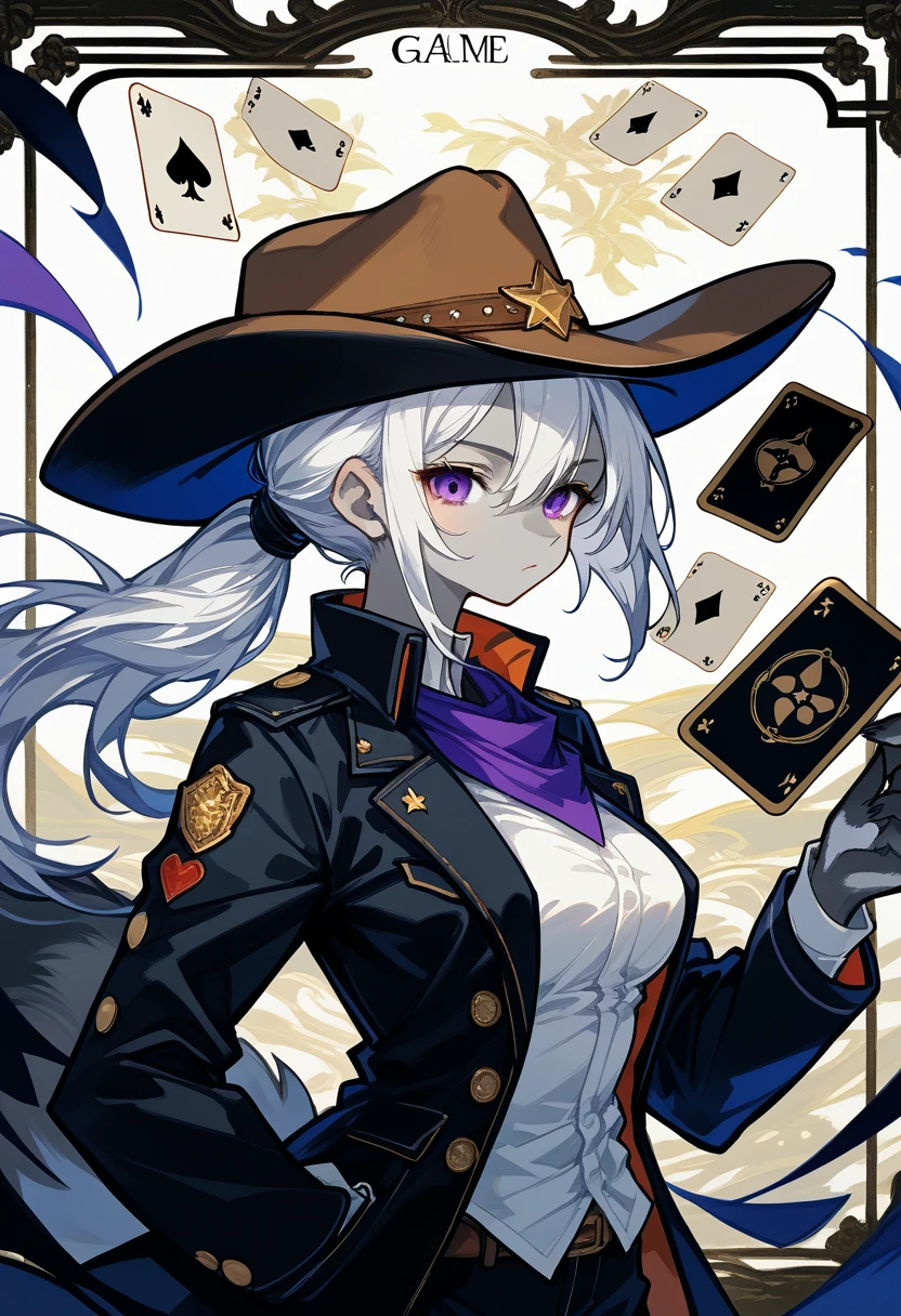 fox, female, solo, white hair, ponytail, ((grey fur)), (purple eyes), breast, ((black gambler clothes)), black coat, (((large cowboy hat))), (((black cowboy hat))), purple handkerchief, card background, card frame, nameplate, Very good figure, best quality, highres, 16k, Natural soft light, Tyndall effect, Advanced film lighting, Unreal Engine5, Extremely realistic, A high resolution, perfect masterpiece, high quality, high resolution