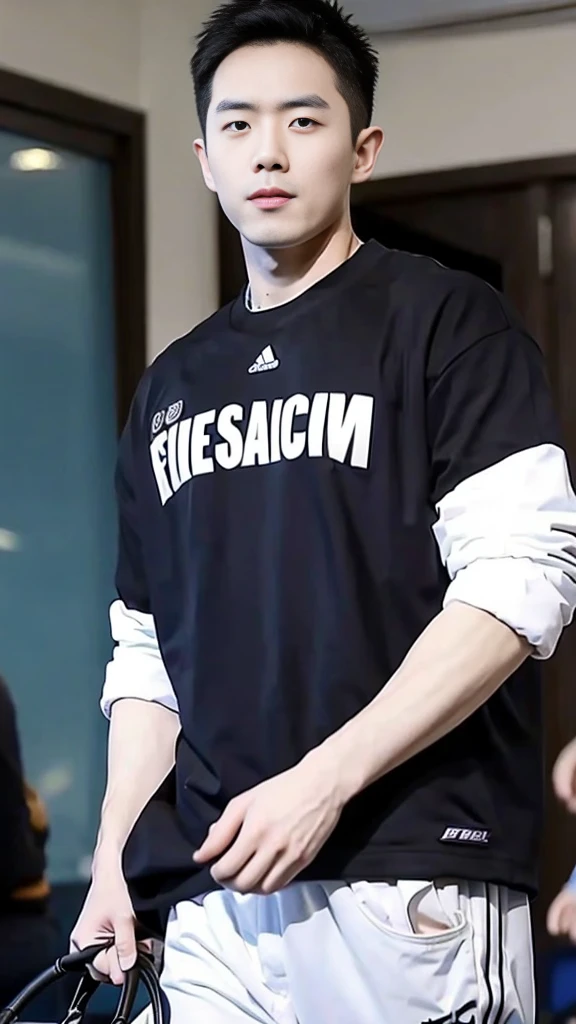 Korean man, Inspiration from Peng Yuyan, 30 years old, 236 years old, Cute Korean Face, 35 yo, 33 year old Korean muscular man,Gym in the background, black t-shirt