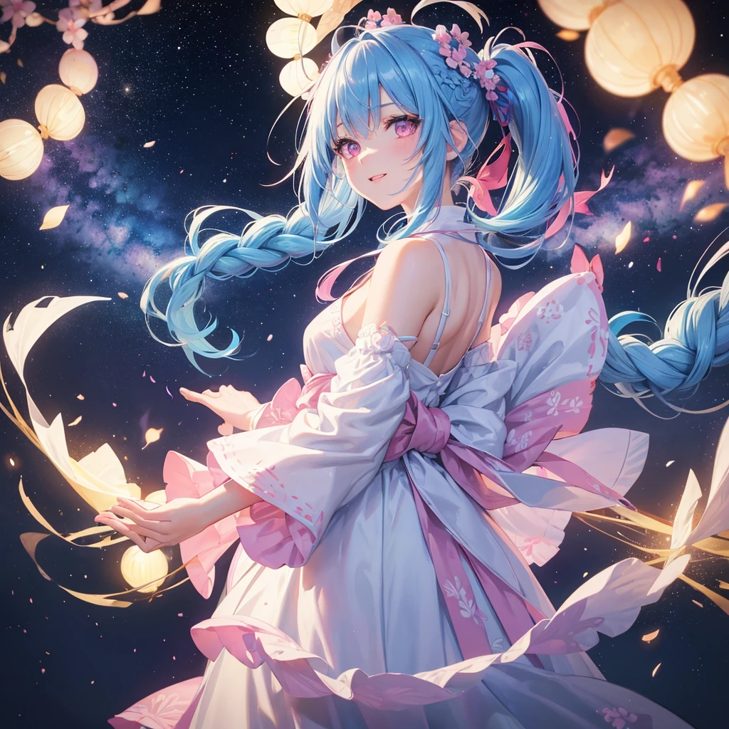Sky blue hair, (One braided ponytail),(Pink Eyes),Fair skin ,(whole body),(One girl),White yukata,Tanabata,(The Milky Way in the night sky),A big smile,Straight bangs,,Wedding dress,(masterpiece, Highest quality, Very detailed, Best Shadow), (Detailed Background), (Beautifully detailed face), High Contrast, (Best lighting, Very delicate and beautiful), ((Cinematic Light)), colorful, Hyper Detail, Dramatic Light, Intricate details,