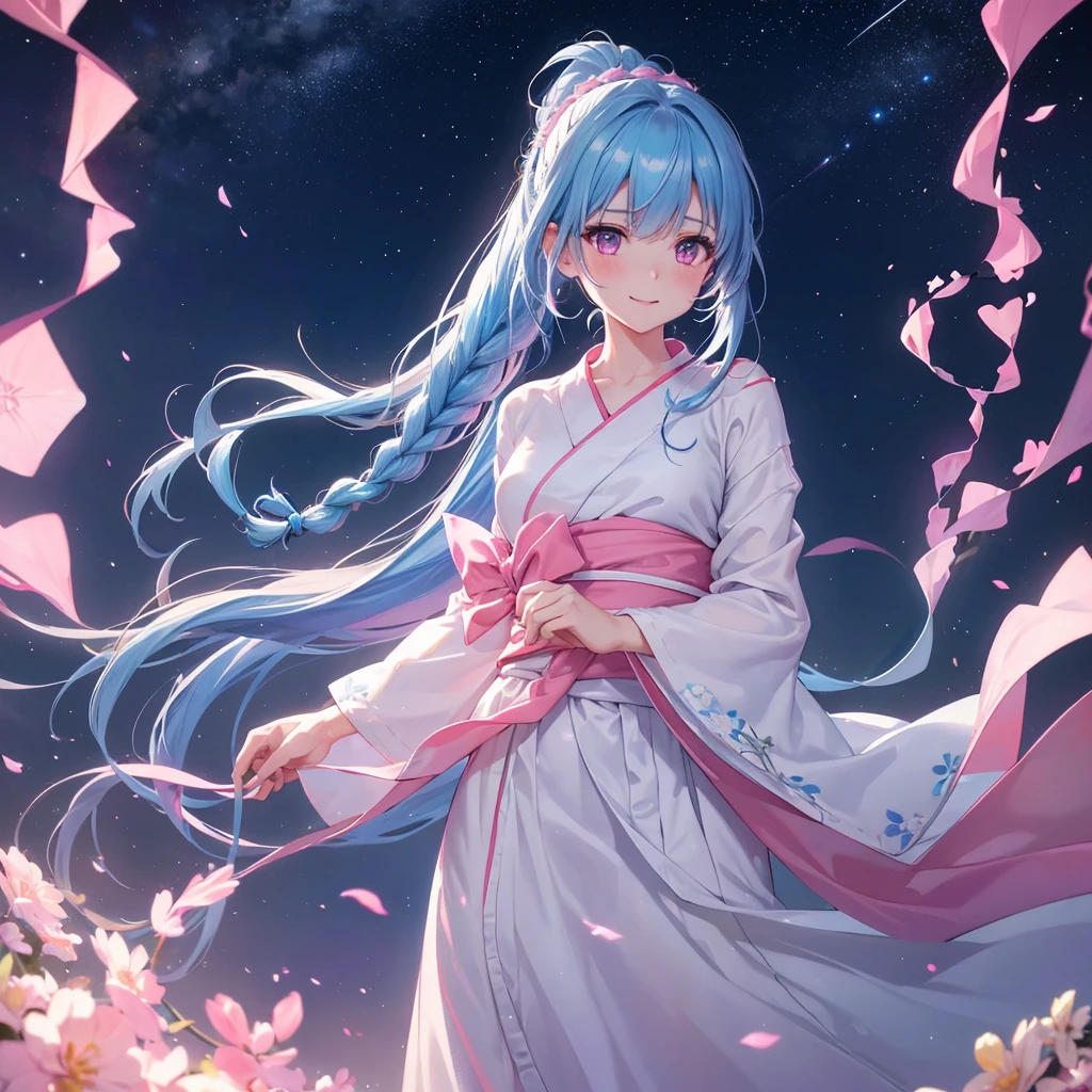 Sky blue hair, (One braided ponytail),(Pink Eyes),Fair skin ,(whole body),(One girl),White yukata,Tanabata,(The Milky Way in the night sky),A big smile,Straight bangs,,Wedding dress,(masterpiece, Highest quality, Very detailed, Best Shadow), (Detailed Background), (Beautifully detailed face), High Contrast, (Best lighting, Very delicate and beautiful), ((Cinematic Light)), colorful, Hyper Detail, Dramatic Light, Intricate details,