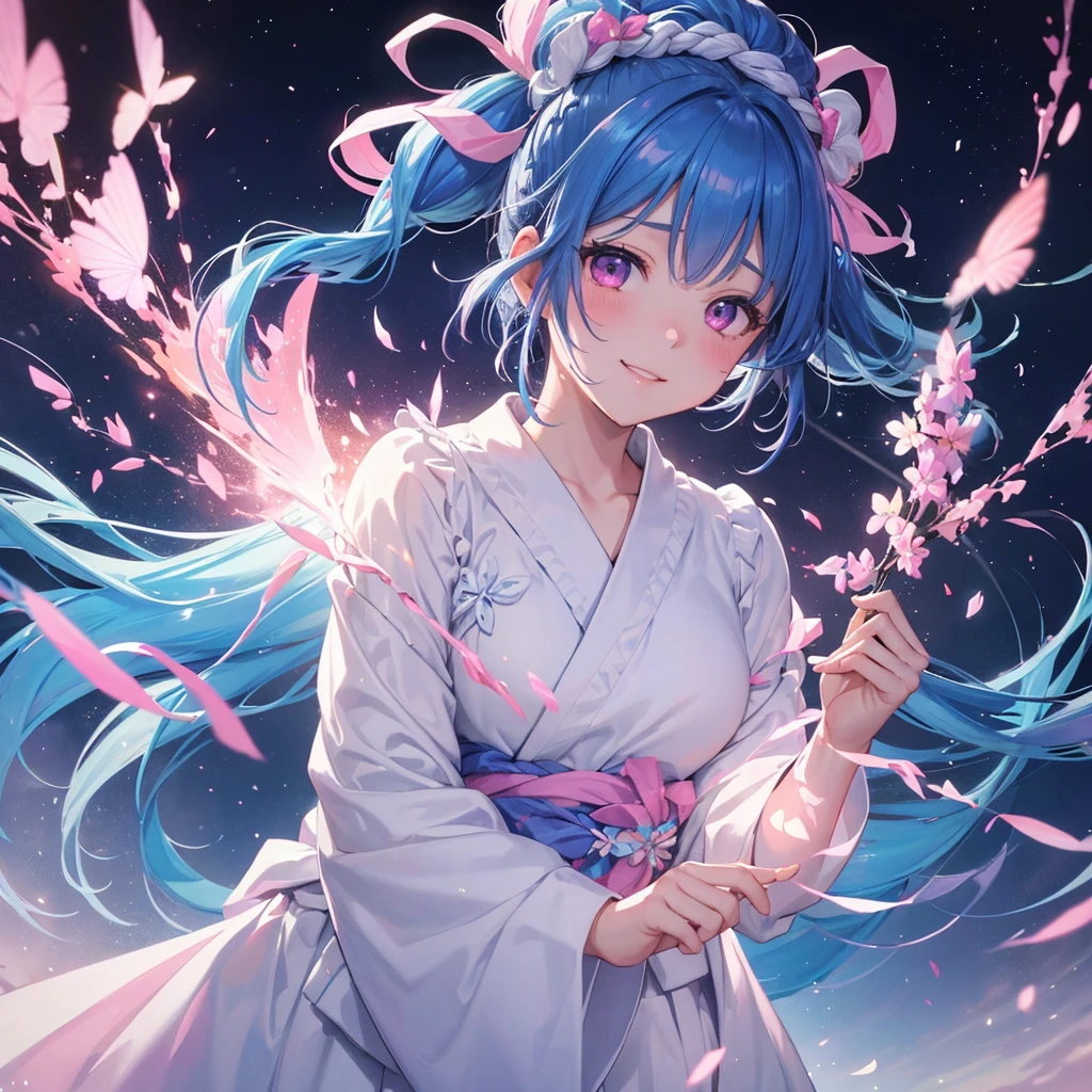 Sky blue hair, (One braided ponytail),(Pink Eyes),Fair skin ,(whole body),(One girl),White yukata,Tanabata,(The Milky Way in the night sky),A big smile,Straight bangs,,Wedding dress,(masterpiece, Highest quality, Very detailed, Best Shadow), (Detailed Background), (Beautifully detailed face), High Contrast, (Best lighting, Very delicate and beautiful), ((Cinematic Light)), colorful, Hyper Detail, Dramatic Light, Intricate details,