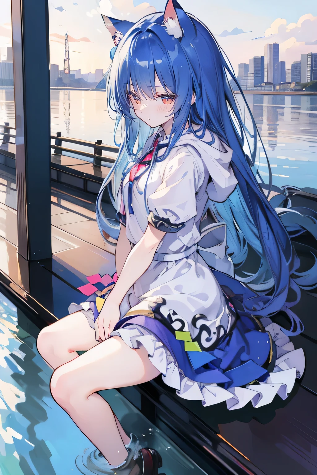 （masterpiece：1.uper detailed，lifelike，Expressive eyes，fair skin，perfect face shape，1 girl，
Japanese comics,Gorgeous blue hair,flowing blue hair,flowing clothes,Cat ears,Petals fall,beautiful lola,Baby Angel,
Shaking head with one hand，Cross your legs，Gentle and peaceful background，The pavilion is cool and comfortable,smile, wearing hoodie, background of tokyo,back views,snowing, winter,lie on the water. 