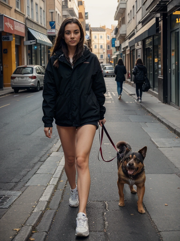 The dog is walking along the street