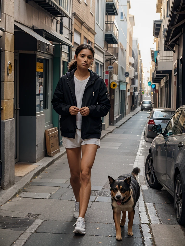 The dog is walking along the street
