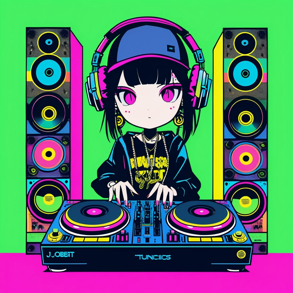 Battle DJ girl in HIPHOP fashion wearing DJ headphones,Front view , Turntablist, DJ Scratch, Two large LED-illuminated speakers on each side, Immerse yourself in a neon-lit environment, In front of her is a music mixer and a turntable.、A record is placed on the turntable,ターンテーブルはTechnics SL-1200MK7, JQBert,