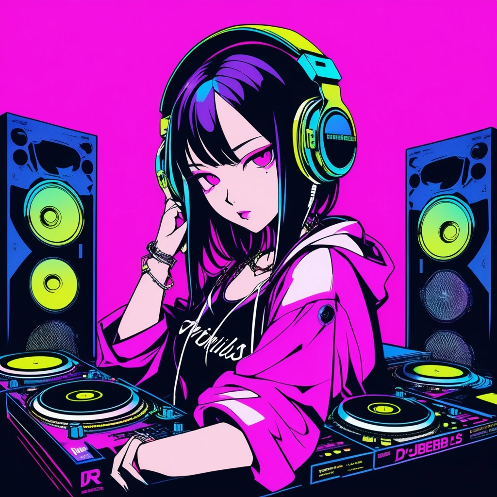 Battle DJ girl in HIPHOP fashion wearing DJ headphones,Front view , Turntablist, DJ Scratch, Two large LED-illuminated speakers on each side, Immerse yourself in a neon-lit environment, In front of her is a music mixer and a turntable.、A record is placed on the turntable,ターンテーブルはTechnics SL-1200MK7, JQBert,