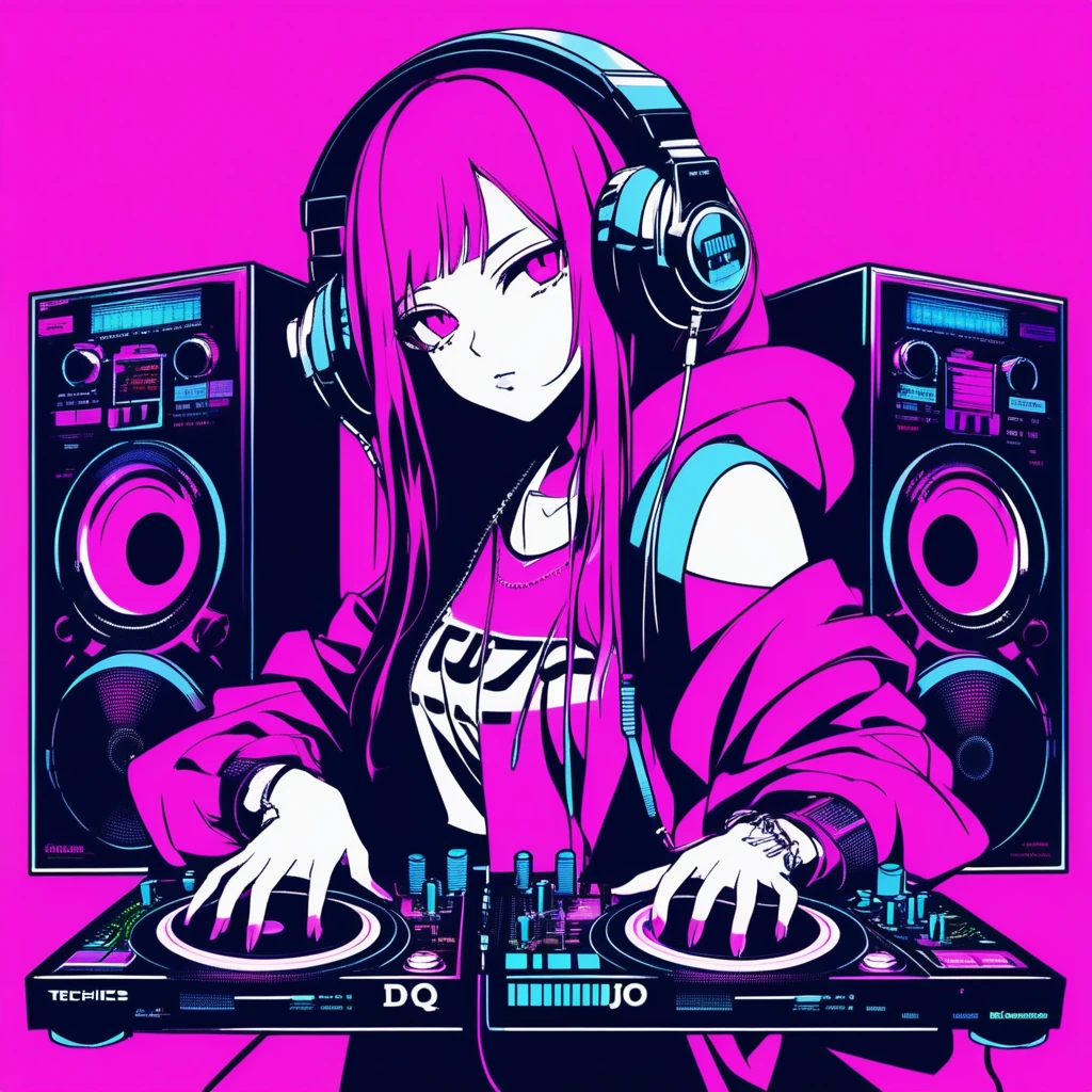 Battle DJ girl in HIPHOP fashion wearing DJ headphones,Front view , Turntablist, DJ Scratch, Two large LED-illuminated speakers on each side, Immerse yourself in a neon-lit environment, In front of her is a music mixer and a turntable.、A record is placed on the turntable,ターンテーブルはTechnics SL-1200MK7, JQBert,