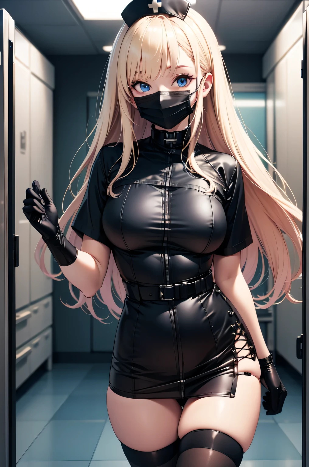 black nurse, 1woman, solo, black nurse cap, black nurse uniform, ((black legwear, zettai ryouiki)), black elbow gloves, blonde hair, blue eyes, ((black surgical mask, covered nose)), standing, ((surgery room)), sharp outline, short sleeves, mature female, 35 years old, best quality, masterpiece