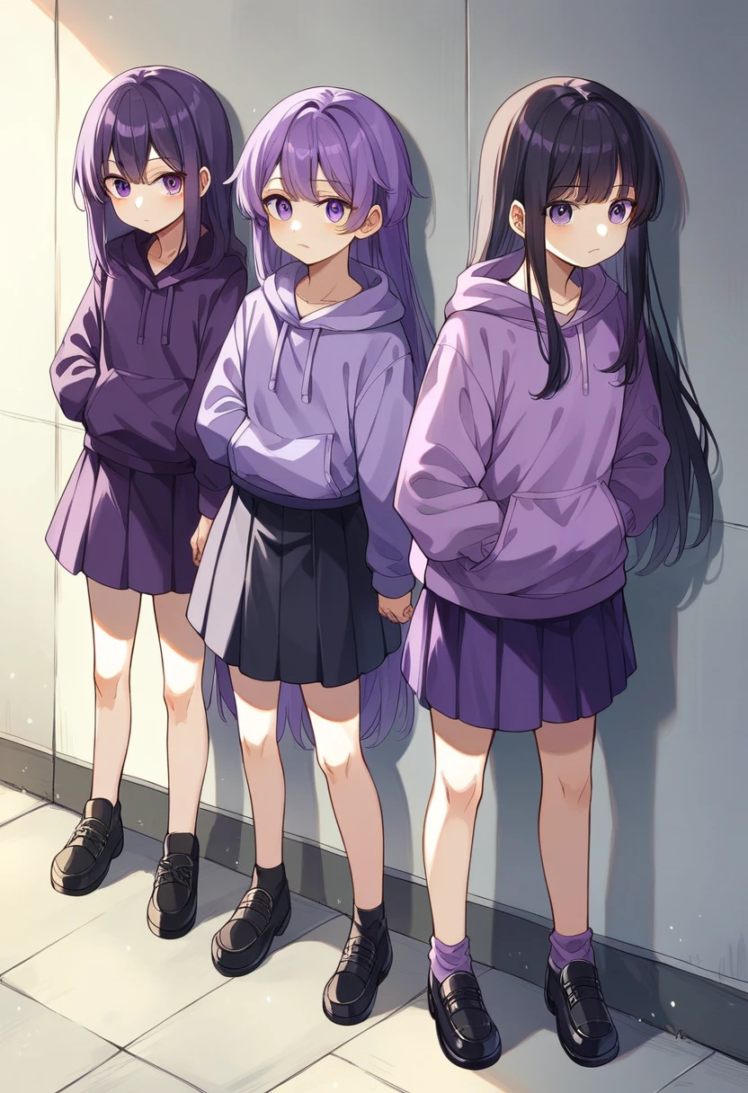 Keito。Purple Eyes。Purple Hair。Purple Skirt。Black shoes下。Black shoes。Purple hoodie。Keito。Purple Eyes。Black Hair。Purple Skirt。Black shoes下。Black shoes。Purple hoodie。long hair。5-people
