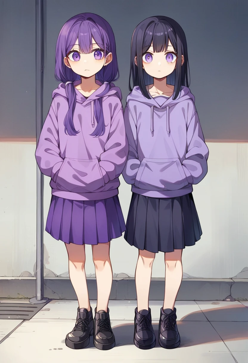 Keito。Purple Eyes。Purple Hair。Purple Skirt。Black shoes下。Black shoes。Purple hoodie。Keito。Purple Eyes。Black Hair。Purple Skirt。Black shoes下。Black shoes。Purple hoodie。long hair。5-people