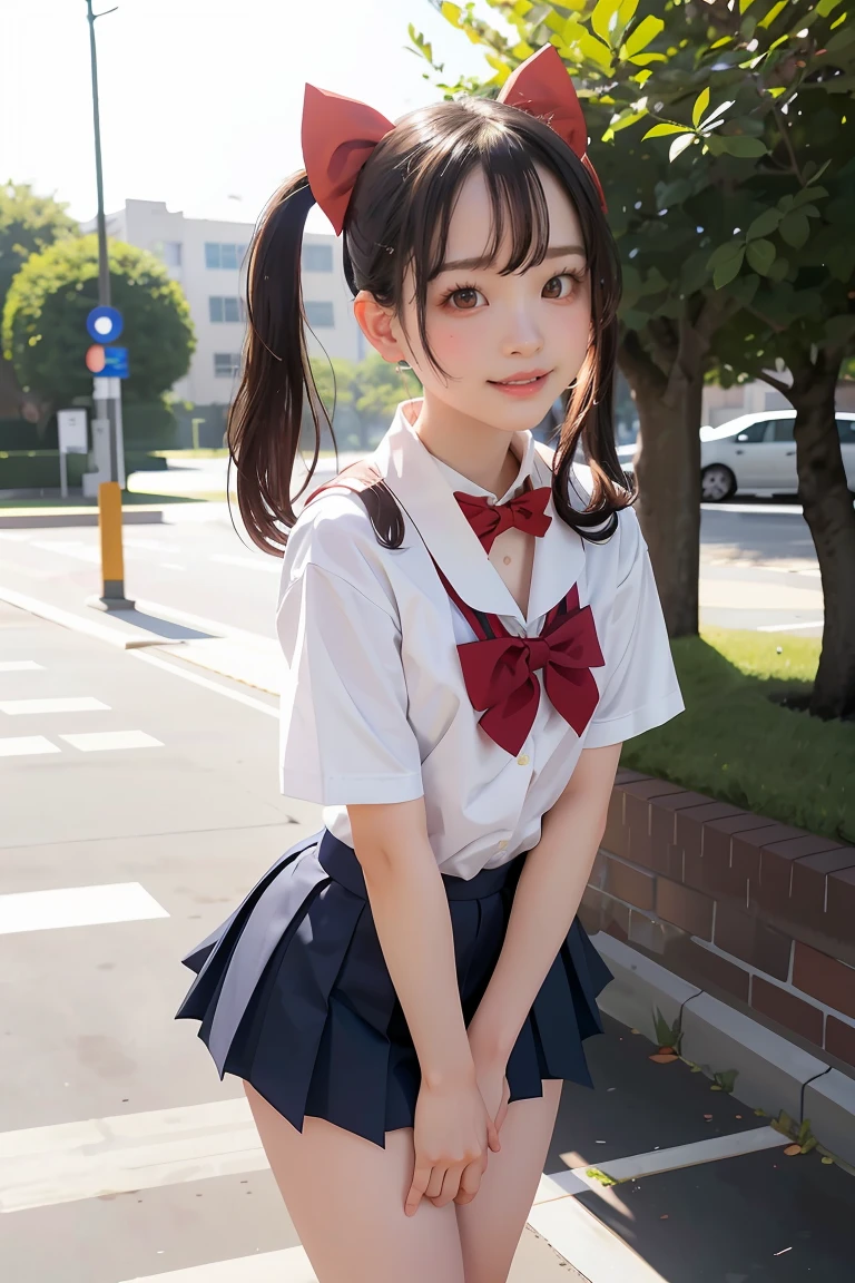 girl standing in school park,sailor shirt with red bow tie,school skirt,18-year-old,bangs,a little smiles,thighs,knees,from below