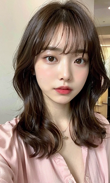 Highest quality, masterpiece, High resolution, 8K.A cute 20-year-old Japanese girl with a young face、Face close-up、(Her blouse is completely unbuttoned、Nipples are visible:1.5)、Small nipples、The areola is pale pink、(Small breasts:1.8)、Randomly change your hairstyle and hair color、blush with embarrassment、(On all fours:2.0)