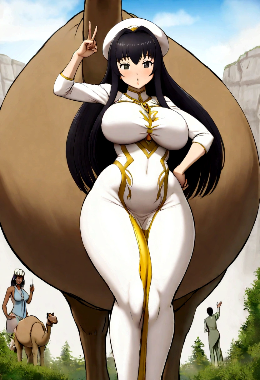 Yasyaku Yaiva Keraku Megura, Hatishaku-sama,  legends, 1 girl in, (((fool))), enormous tall giant woman, giant, mature woman, Mom, black eyes, long black hair, thin lips, wide hips, thick thighs, big breasts, huge ass, The Face of Desire, bubble butts, camel&#39;s foot, White hat, giantский огромный , White dress,