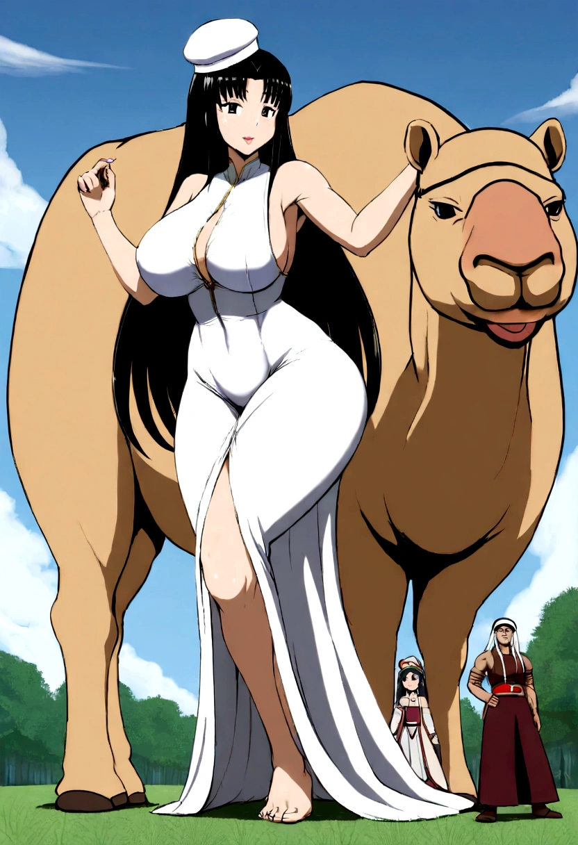 Yasyaku Yaiva Keraku Megura, Hatishaku-sama, legends, 1 girl in, (((fool))), enormous tall giant woman, giant, woman, Mom, black eyes, long black hair, thin lips, wide hips, thick thighs, big br ass, The Face of ire, bubble buttsl's foot, W hat, giantский огромный , White dress,