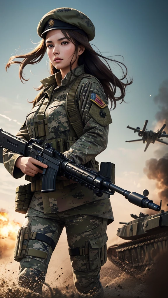 “Wallpaper featuring a glamorous woman in camouflage uniform and beret, with long brown hair tied back. Her face is dirty, and she is holding a machine gun with both hands, running through a battlefield. The background includes a tank, with fighter jets flying in the sky. The image should be highly detailed and cinematic.”