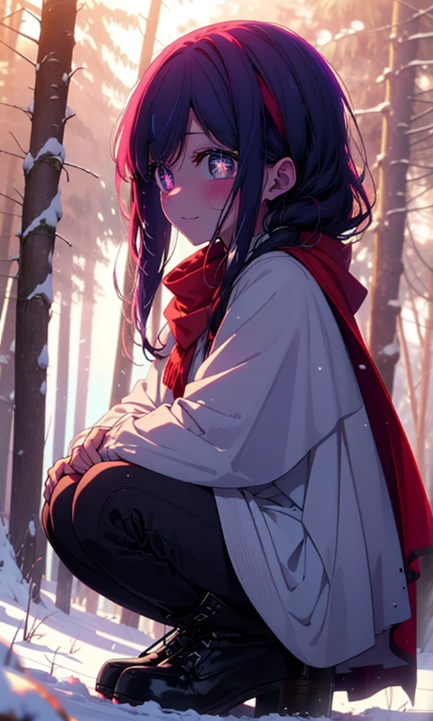 aihoshino, Ai Hoshino, Long Hair, bangs, (Purple eyes:1.1), Purple Hair, (Symbol-shaped pupil:1.5), smile,,smile,blush,White Breath,
Open your mouth,snow,Ground bonfire, Outdoor, boots, snowing, From the side, wood, suitcase, Cape, Blurred, , forest, White handbag, nature,  Squat, Mouth closed, Cape, winter, Written boundary depth, Black shoes, red Cape break looking at viewer, Upper Body, whole body, break Outdoor, forest, nature, break (masterpiece:1.2), Highest quality, High resolution, unity 8k wallpaper, (shape:0.8), (Beautiful and beautiful eyes:1.6), Highly detailed face, Perfect lighting, Extremely detailed CG, (Perfect hands, Perfect ???????),