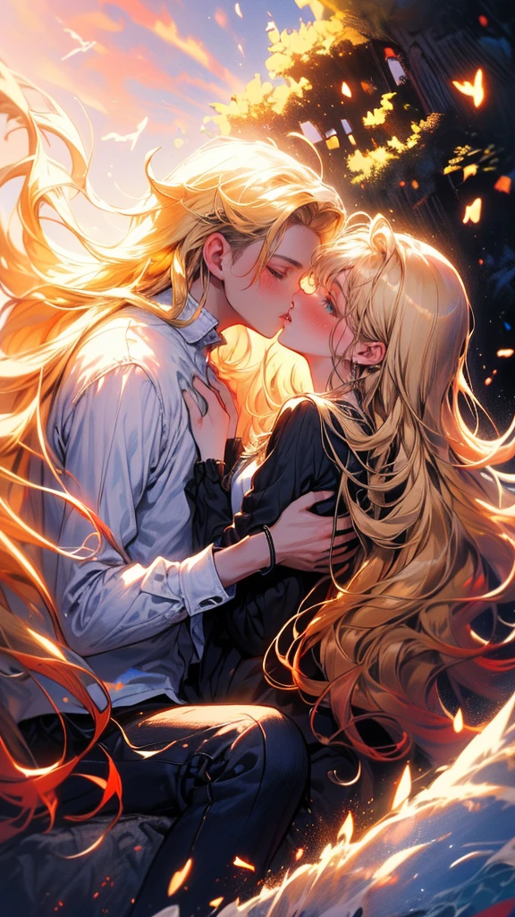 (((best quality))),masterpiece,ultra high resolution,(ultra high definition),(movie quality:1.3),(movie lighting),(low light environment:1.4),male couple kissing in suburban man at sunset, (SFW) Work, kissing together , (((boy Love Art))), (((Very long wavy blonde hair))),  (boy love kiss), The mouth is very detailed,  (boy love hug), touch him hand, touch him clothes, (((Hands touching him chest))), sit on lap, Long hair fluttering in the wind, 2 male, boy kissing boy