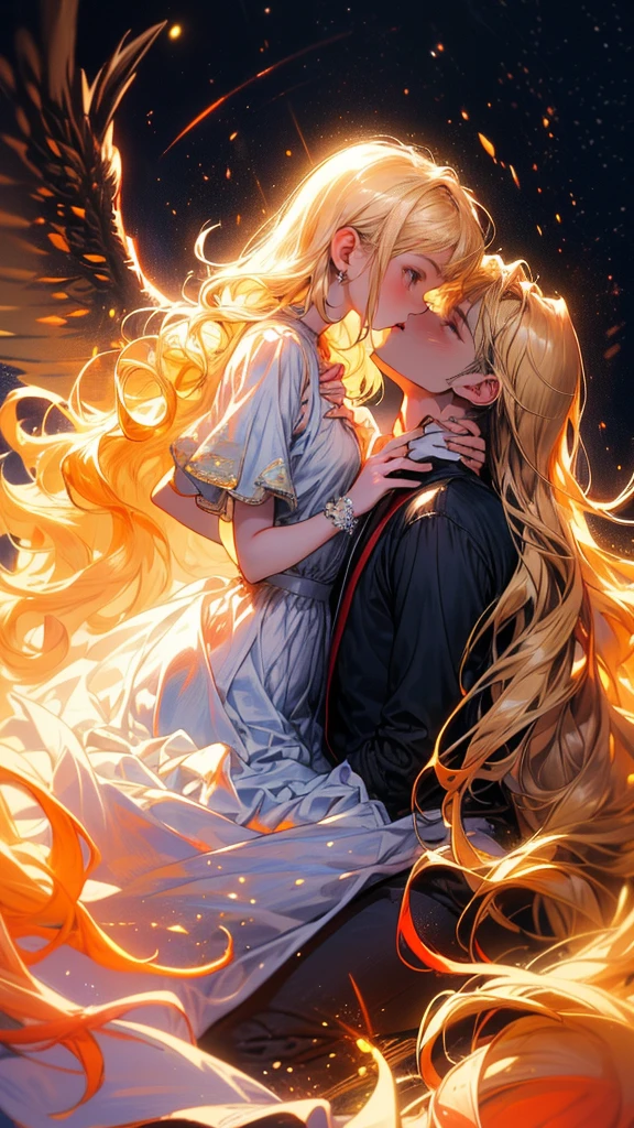 (((best quality))),masterpiece,ultra high resolution,(ultra high definition),(movie quality:1.3),(movie lighting),(low light environment:1.4),male couple kissing in suburban man at sunset, (SFW) Work, kissing together , (((boy Love Art))), (((Very long wavy blonde hair))),  (boy love kiss), The mouth is very detailed,  (boy love hug), touch him hand, touch him clothes, (((Hands touching him chest))), sit on lap, Long hair fluttering in the wind, 2 male, boy kissing boy
